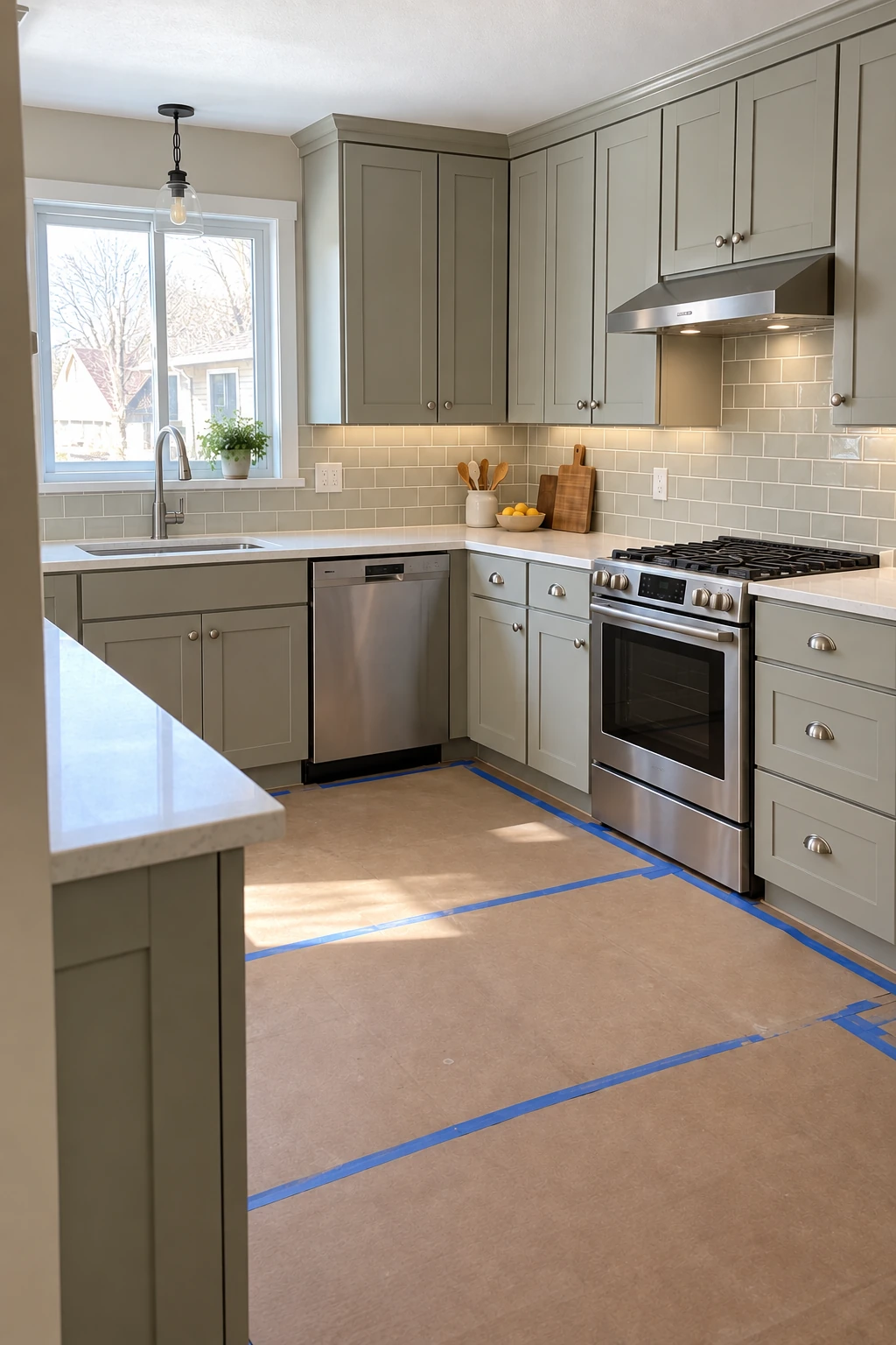 Completed kitchen remodel installed in a damage-aware sequence
