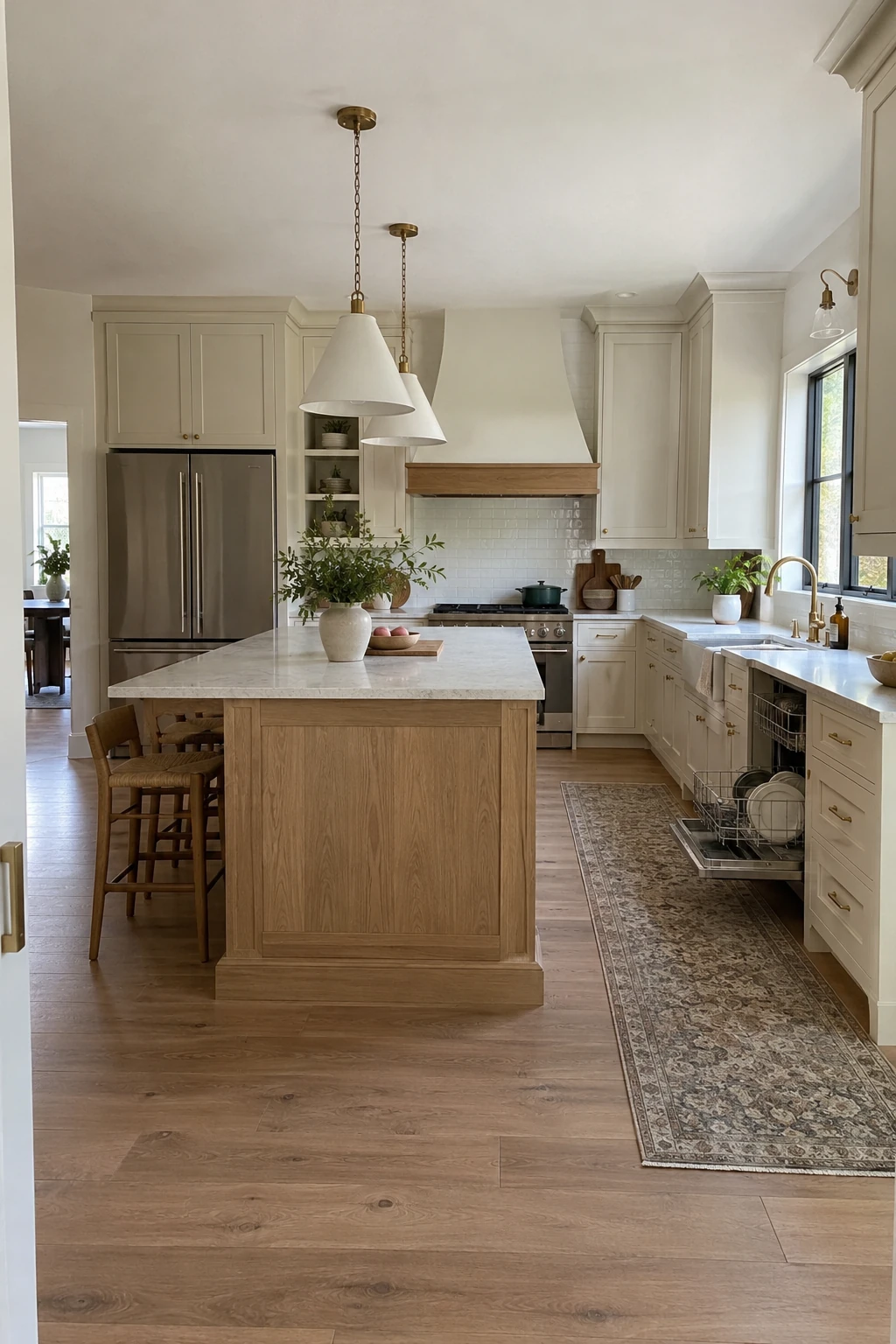 Renovated kitchen with a correctly spaced oak island and clear work aisle