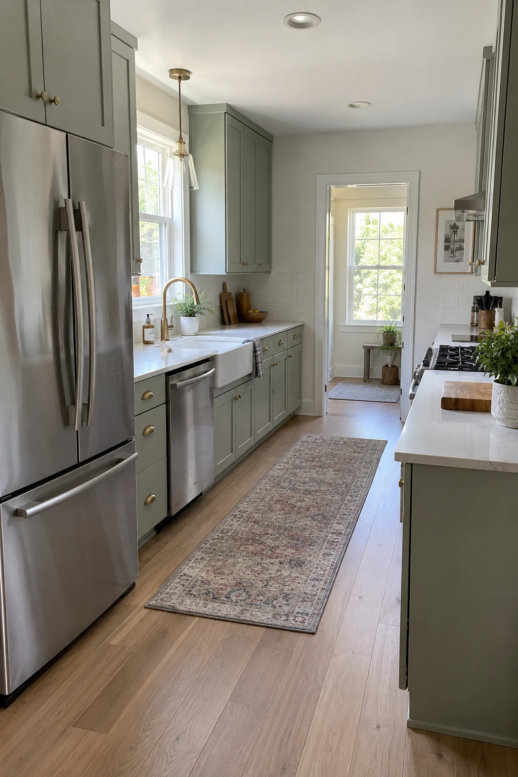 Kitchen renovation with refrigerator placed at the edge of the cabinet run