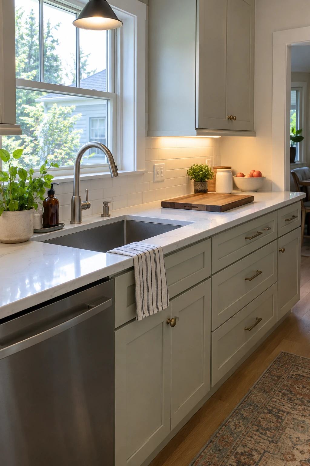 Renovated kitchen with an uninterrupted prep counter beside the sink