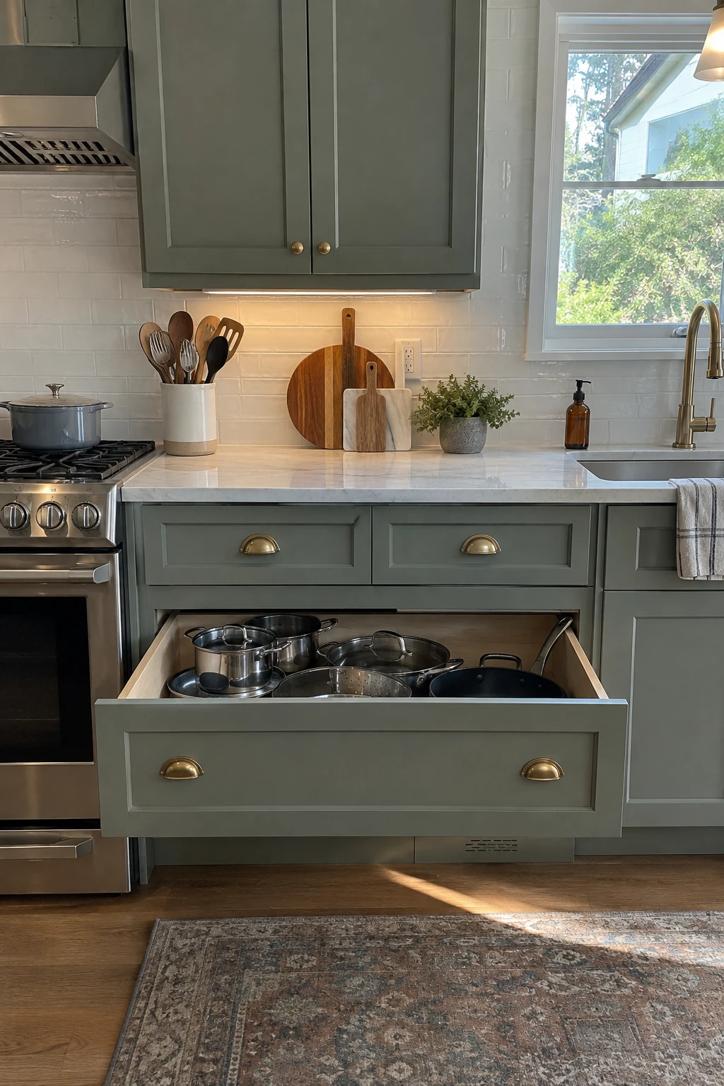 Kitchen base cabinets fitted with wide organized drawers