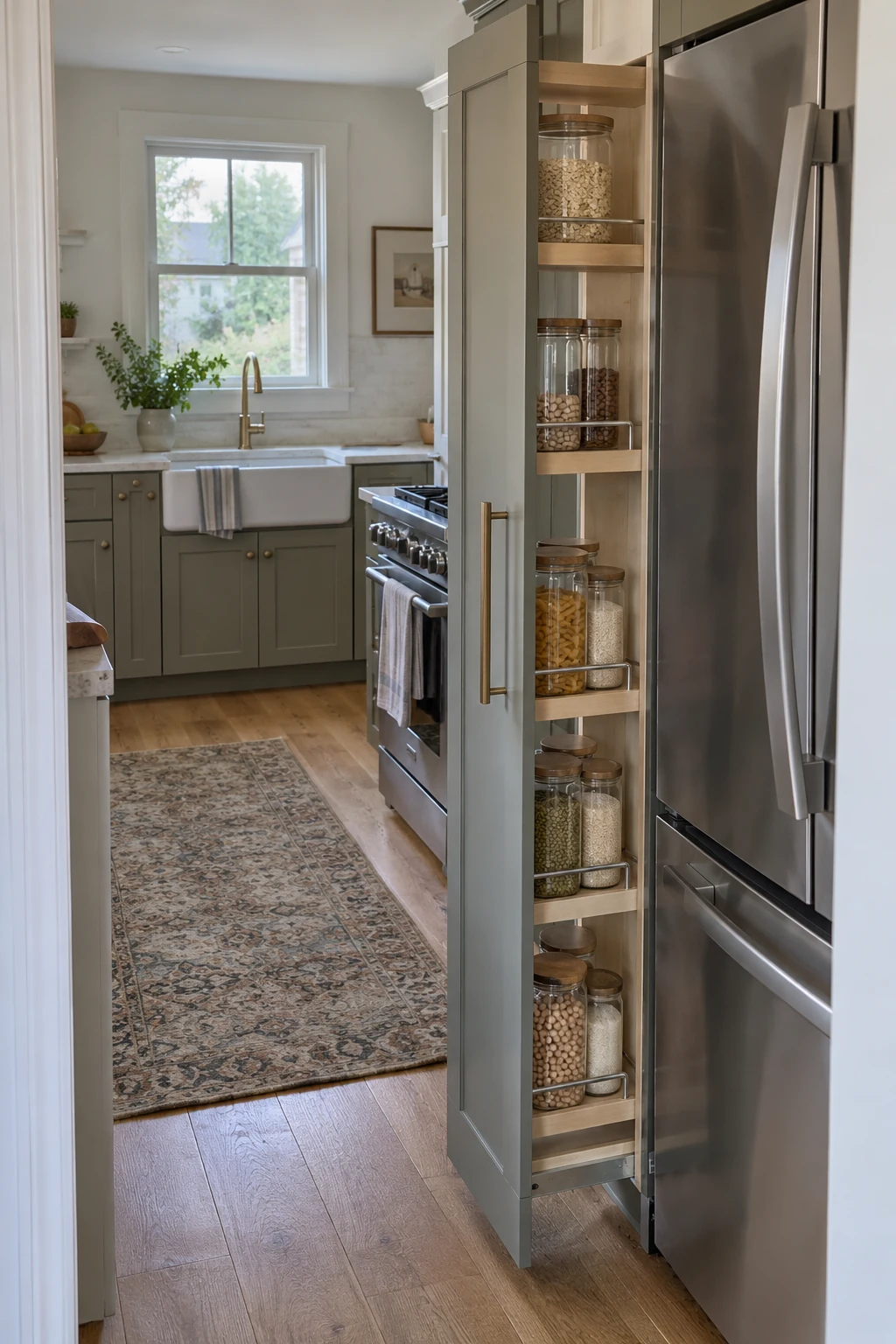Slim full-height pantry pullout beside a refrigerator