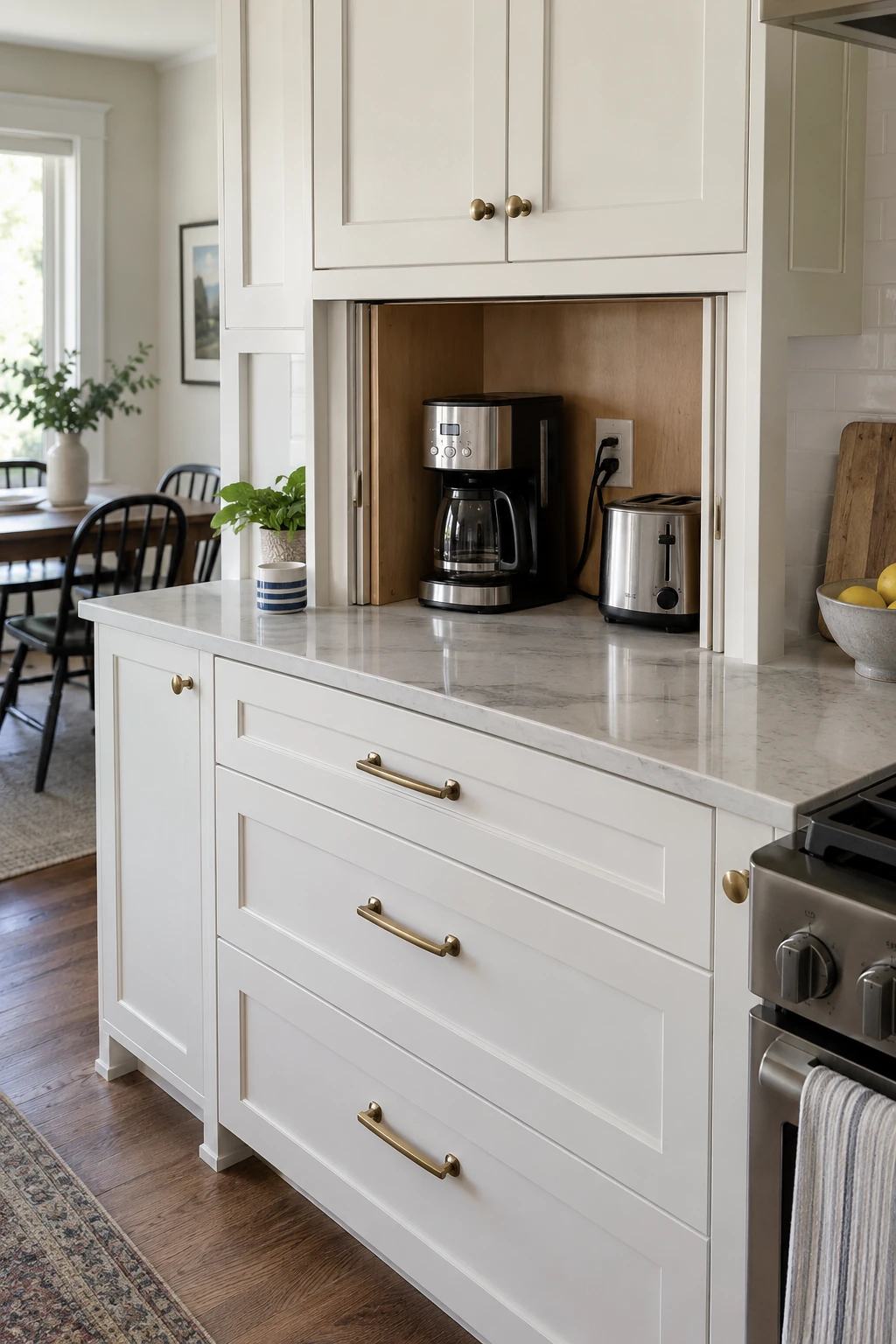 Kitchen appliance garage open behind retracting pocket doors