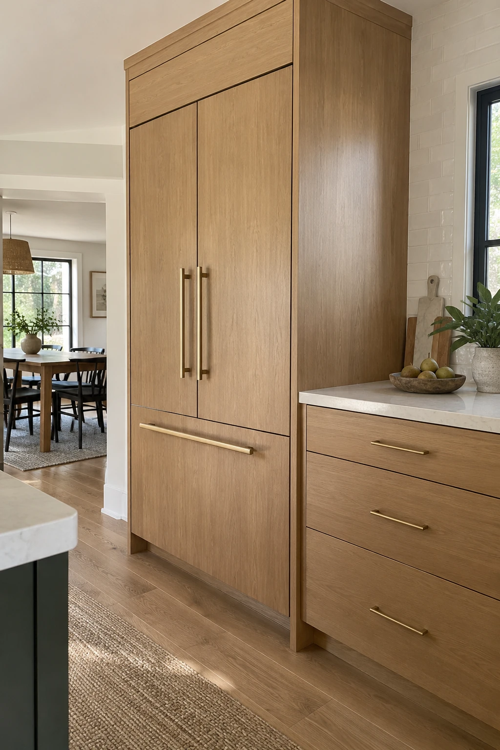 Paneled refrigerator integrated into a kitchen cabinet wall