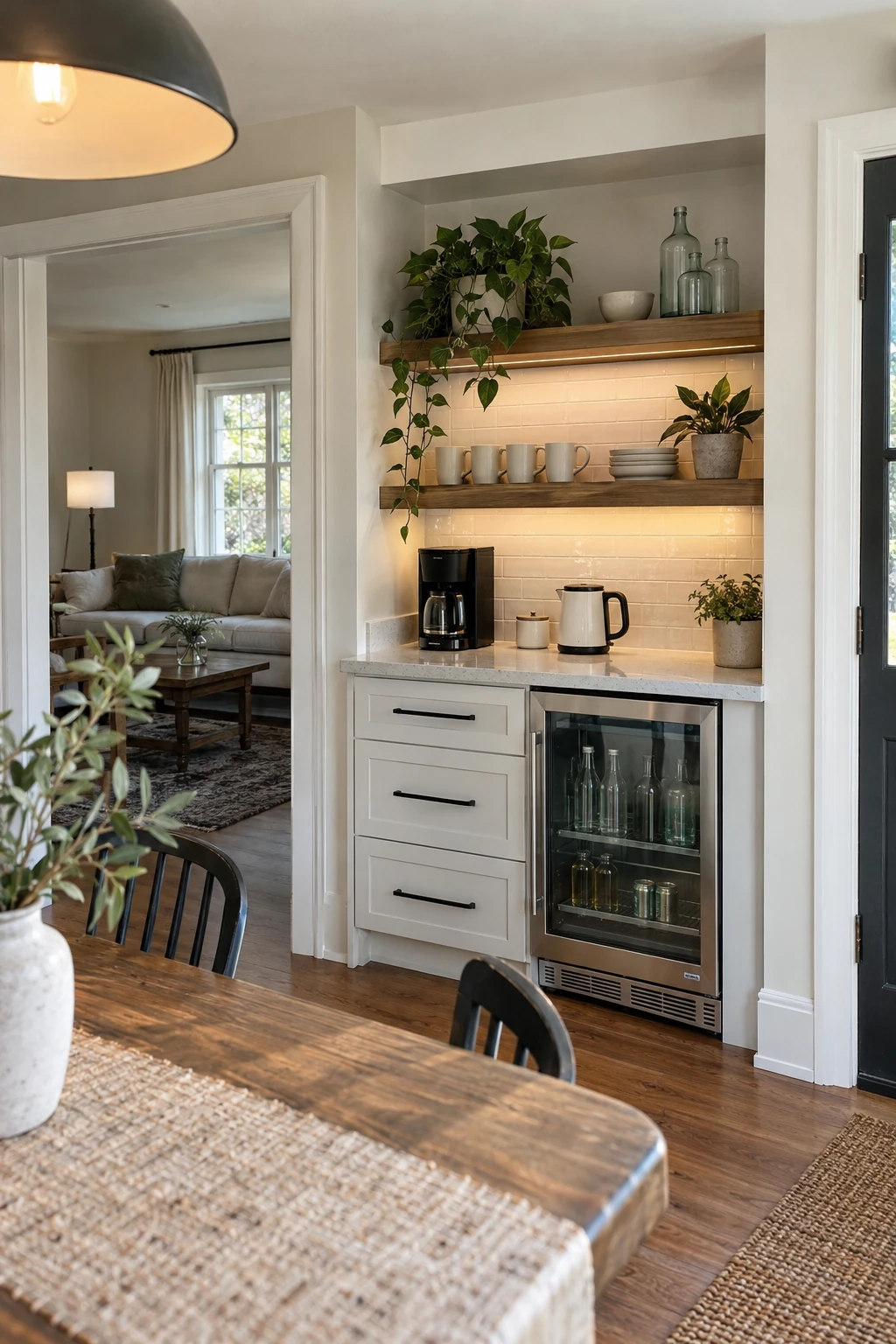 Kitchen beverage station with coffee storage and undercounter refrigerator
