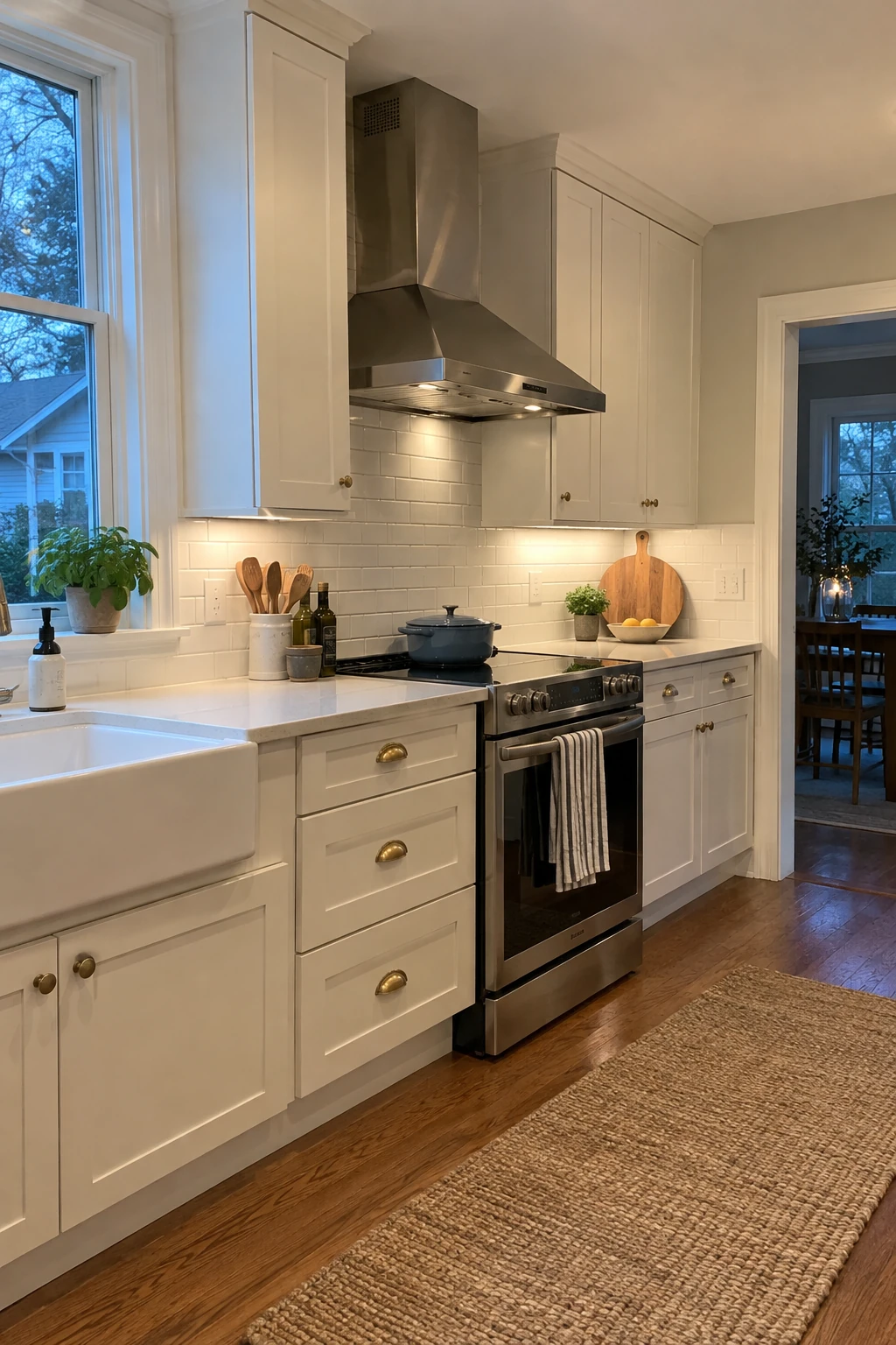 Renovated kitchen with a freestanding induction range and vent hood