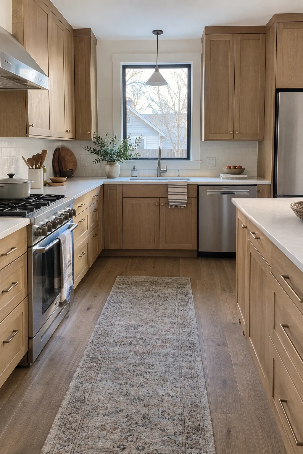 Kitchen with soft honed quartz counters and warm wood cabinets