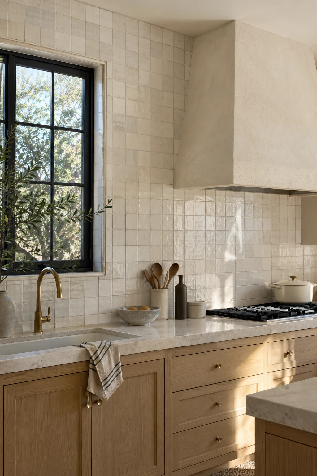Kitchen backsplash tile continuing to the ceiling around a range hood