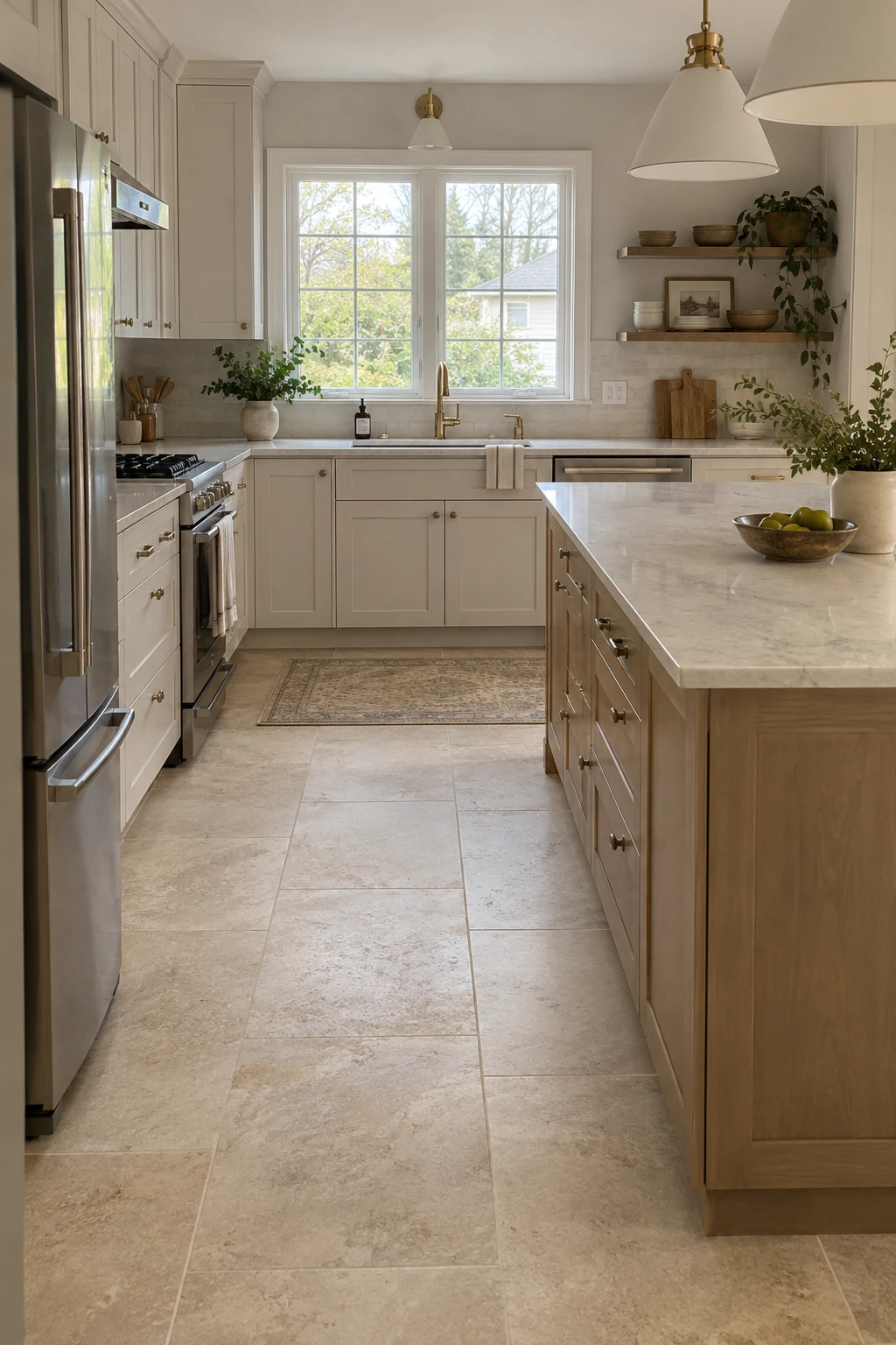 Renovated kitchen with large-format stone-look porcelain flooring