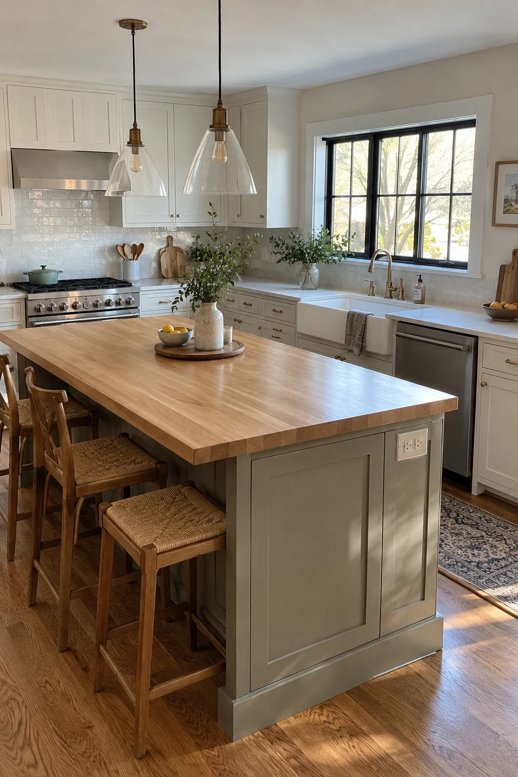 Kitchen island with a sealed white oak worktop and stone perimeter counters