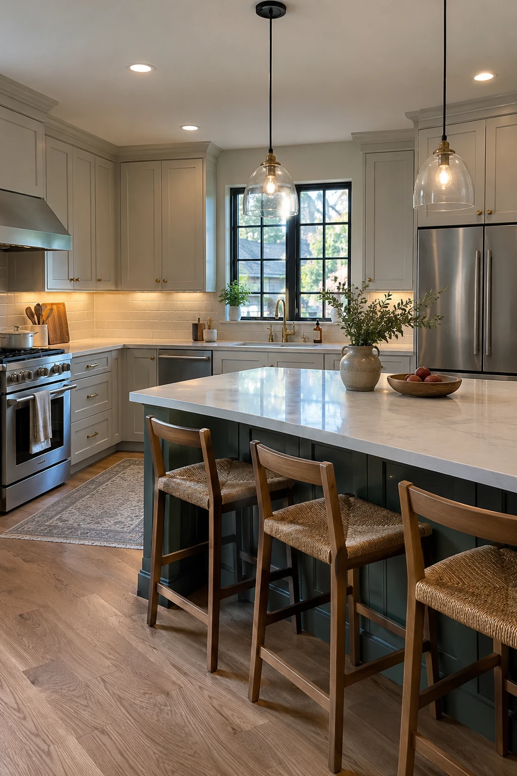 Kitchen renovation with layered ceiling, task, and pendant lighting