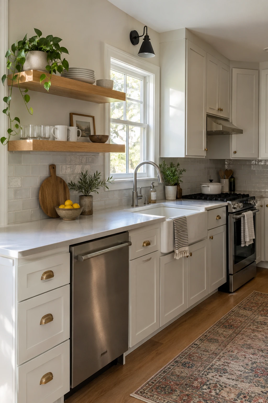 Kitchen with one short run of open shelves replacing upper cabinets