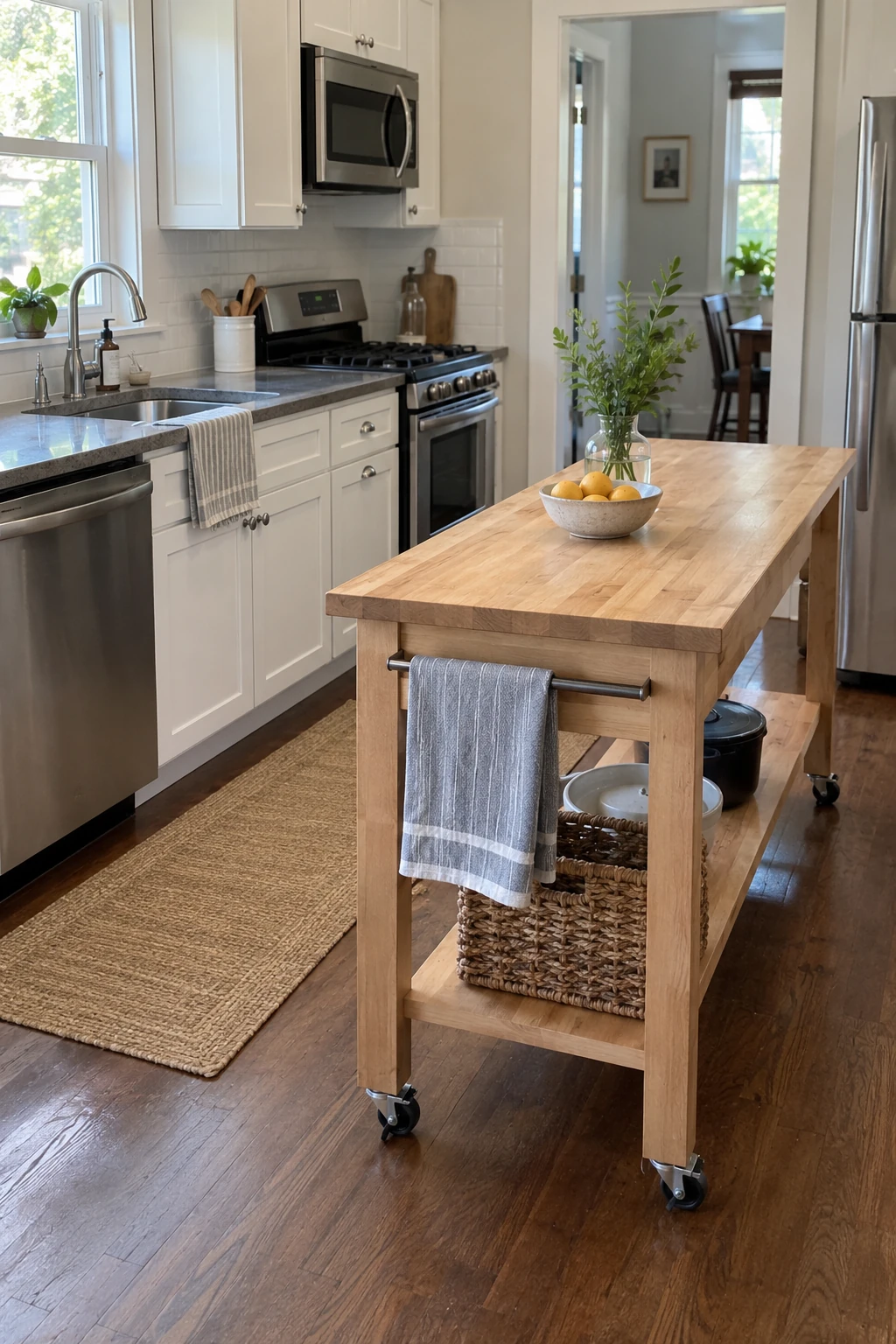 Renter-friendly kitchen with a freestanding worktable island