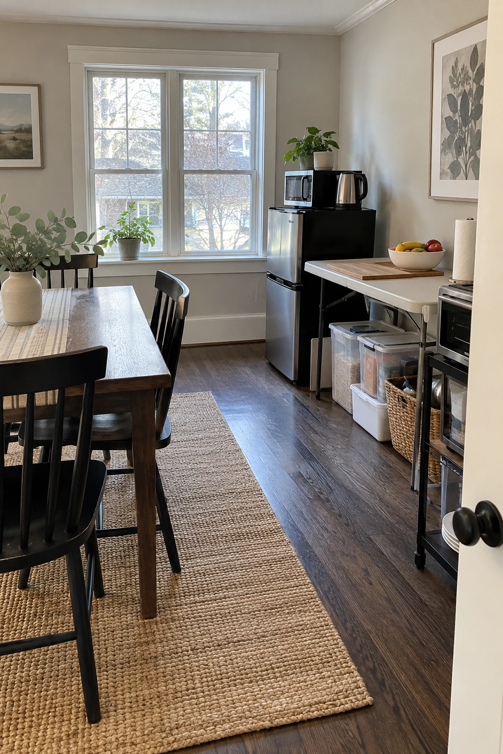 Organized temporary kitchen with mini refrigerator and microwave