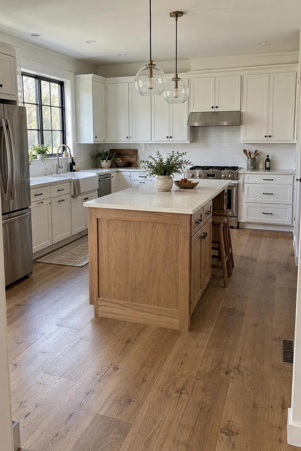 L-shaped kitchen with a compact oak island marked by generous clear aisles