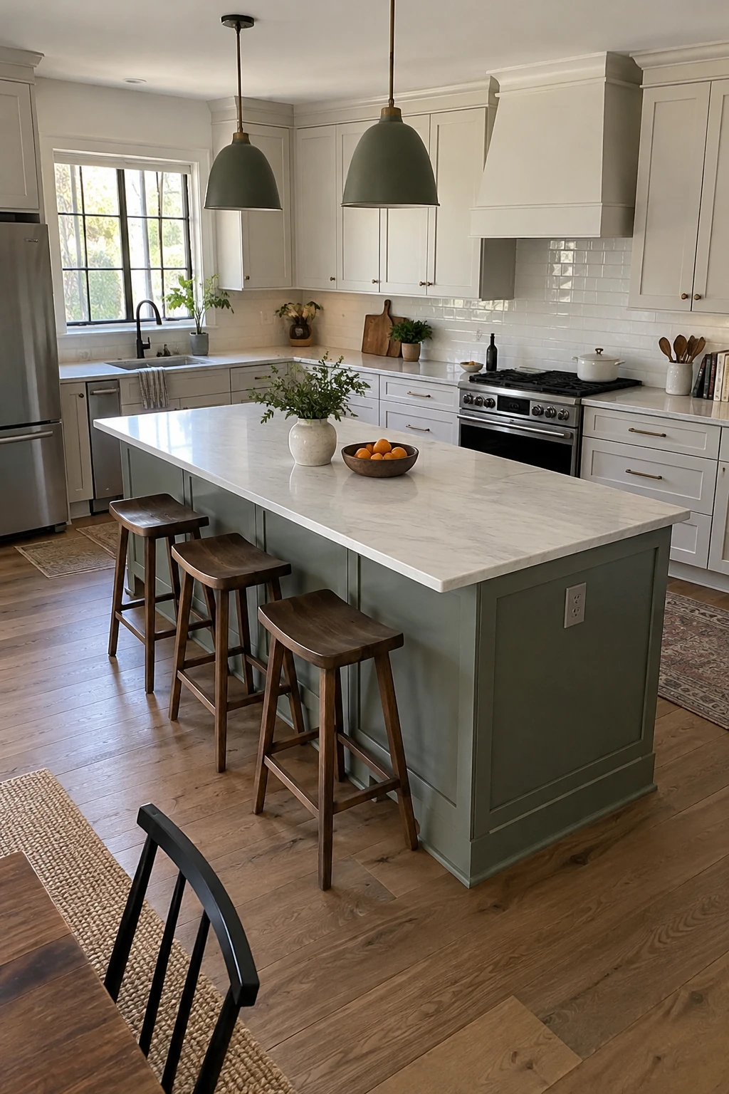 Long slim island providing uninterrupted prep space in an L-shaped kitchen