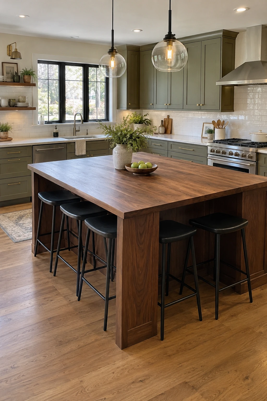 Square center island balancing a wide L-shaped kitchen