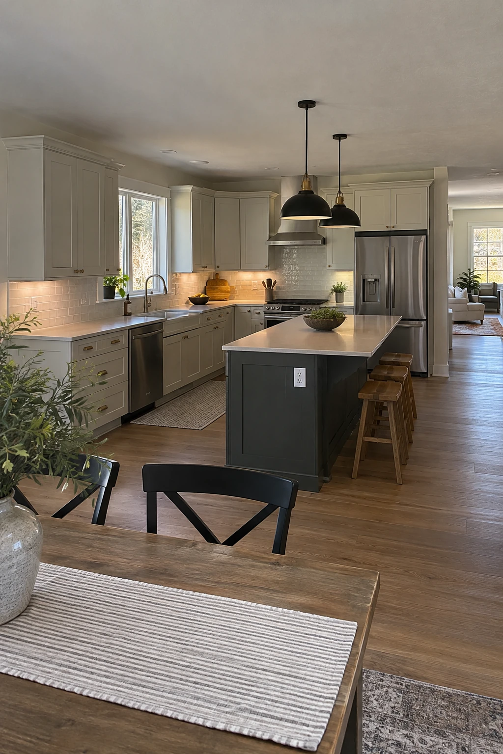Offset island aligned with the long cabinet leg in an L-shaped kitchen