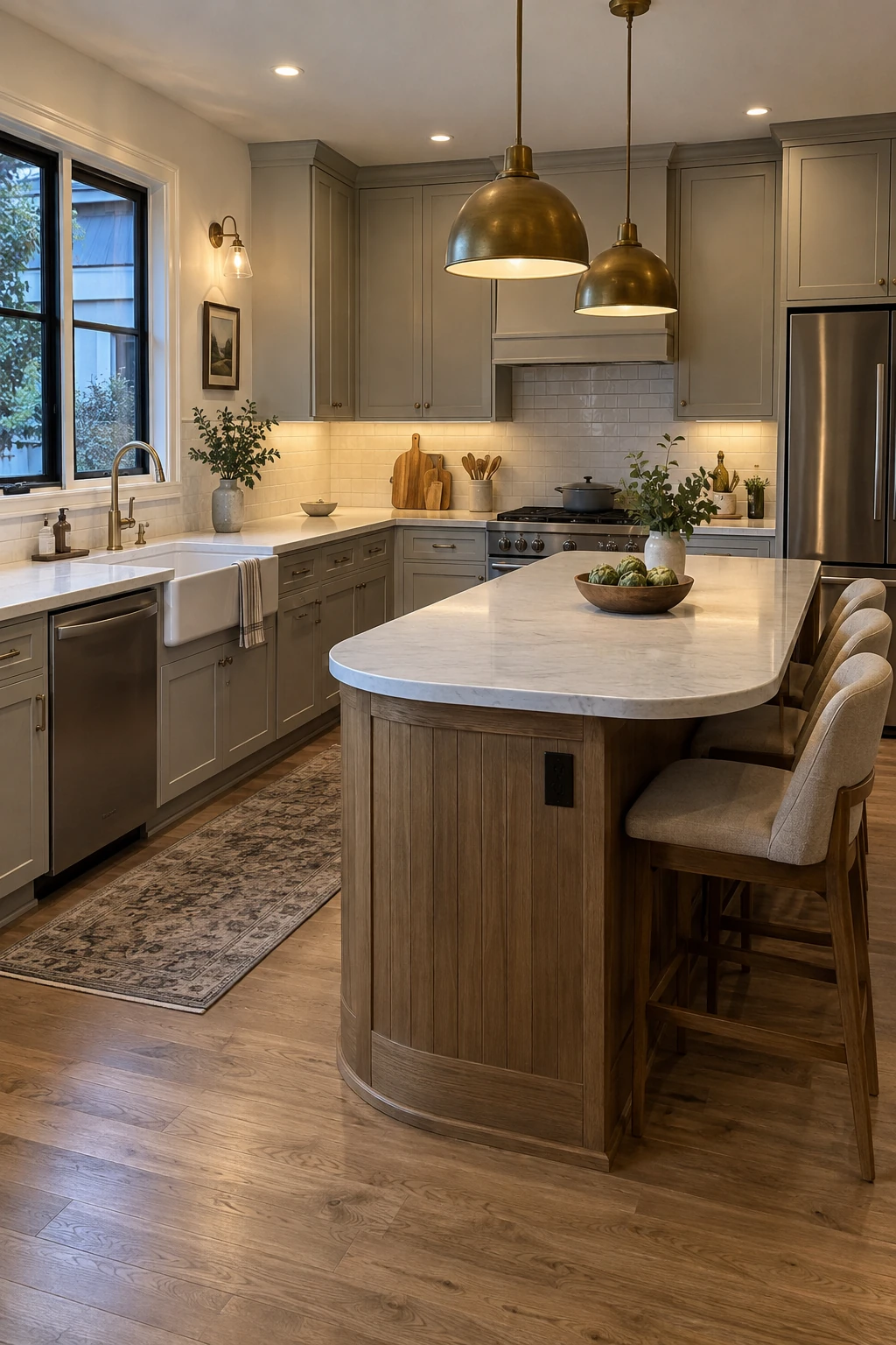 L-shaped kitchen island with a rounded end beside the main walkway