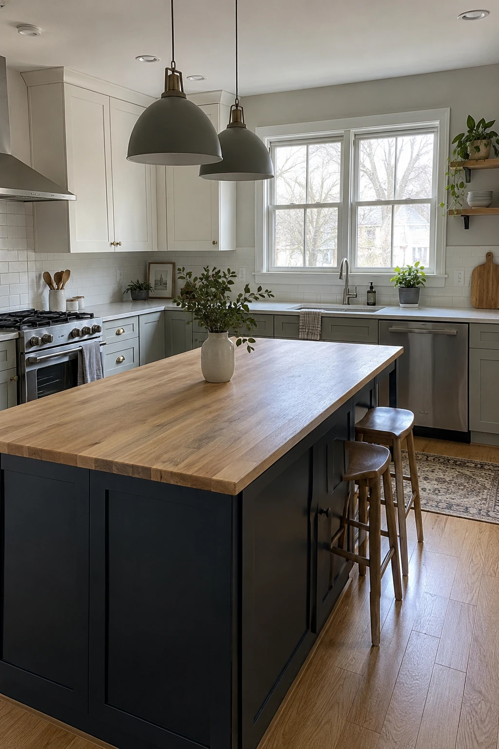 Clear island prep zone directly opposite an L-shaped kitchen sink
