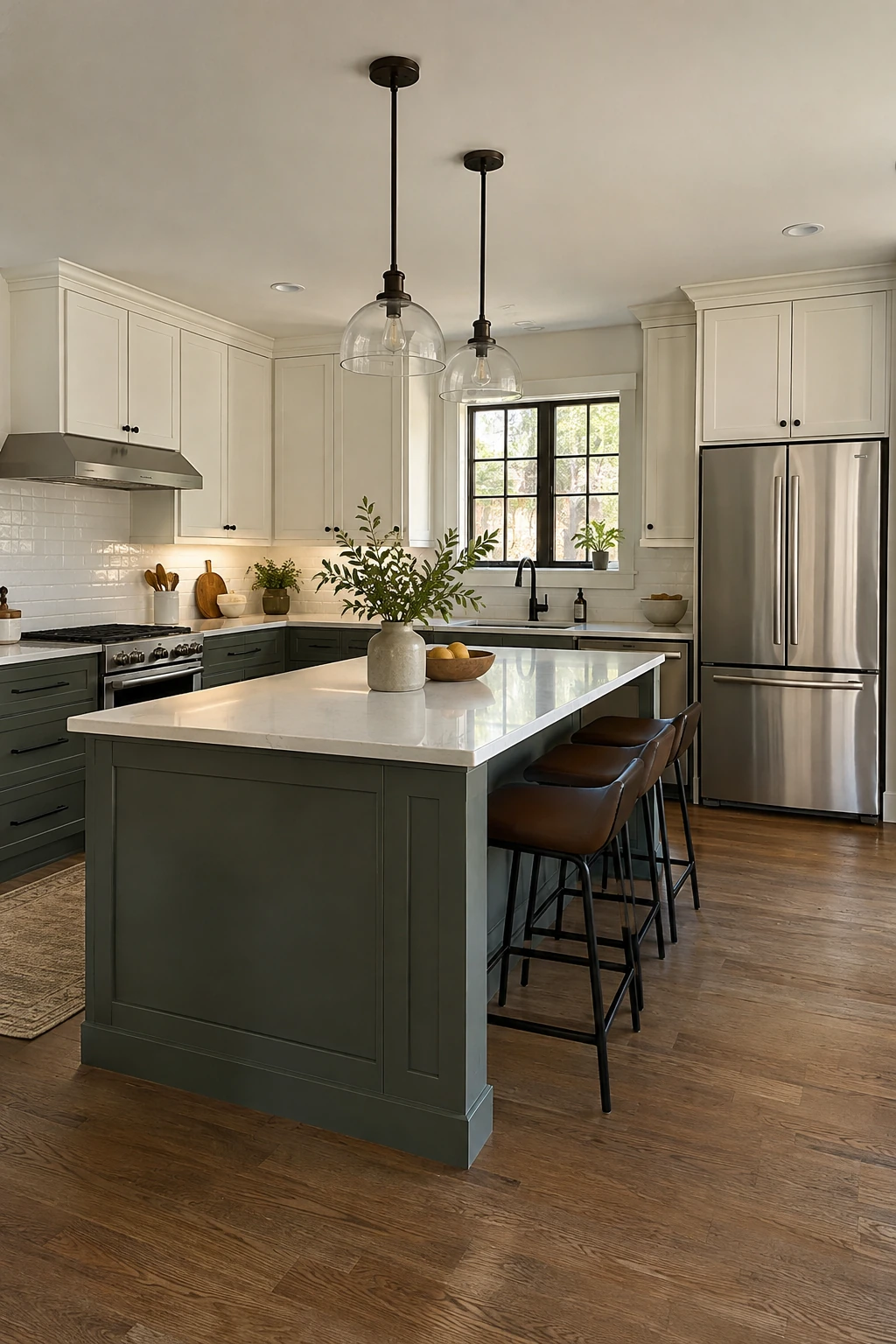 Refrigerator located at the outer end of an L-shaped kitchen near the island