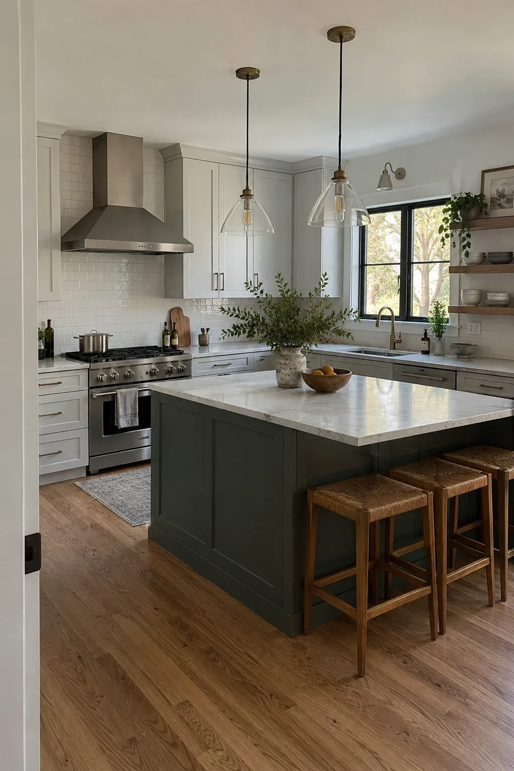 Range and vent hood on the long wall of an L-shaped kitchen with clear island