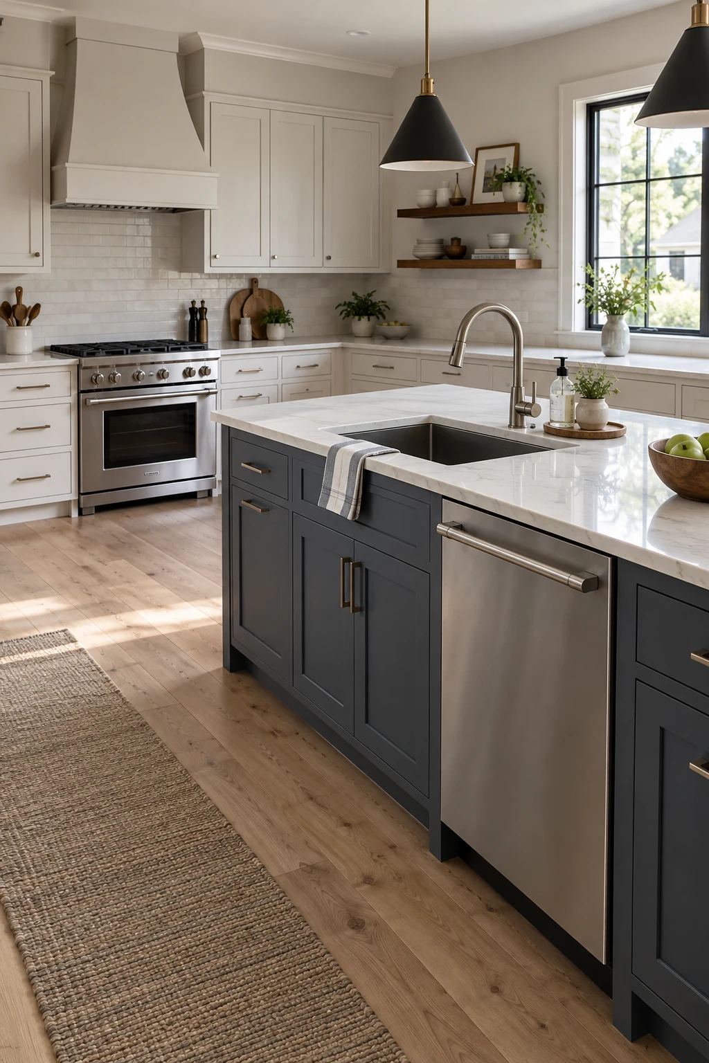 Island sink and dishwasher forming a cleanup zone in an L-shaped kitchen