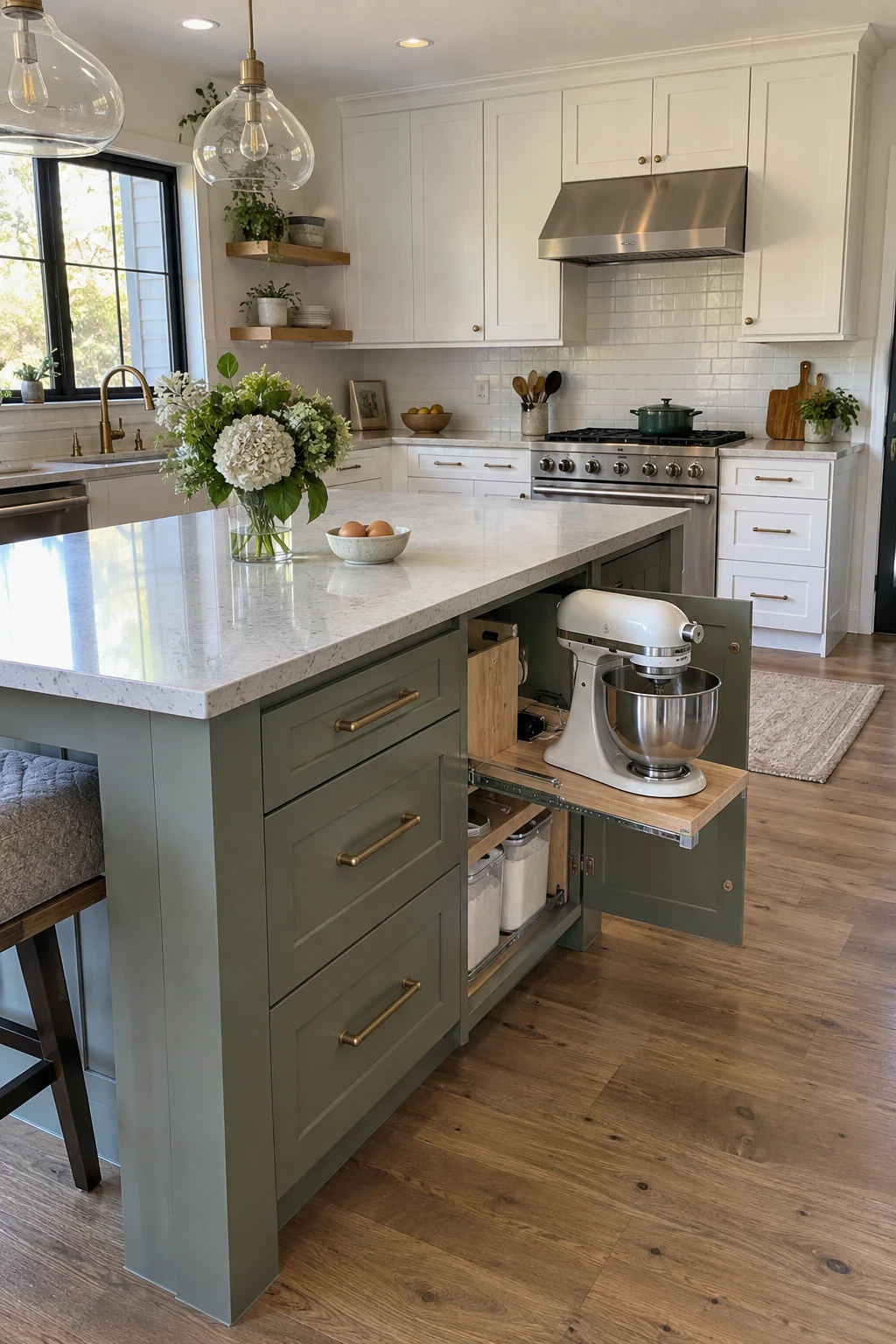 Baking station at one end of an island in an L-shaped kitchen