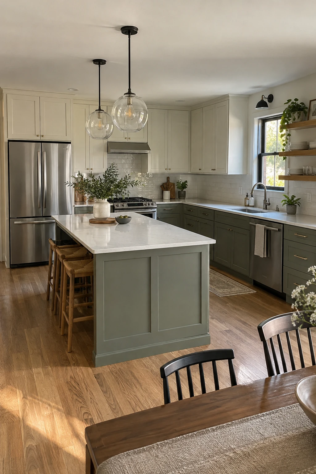 Single-cook aisle between an island and L-shaped cabinetry