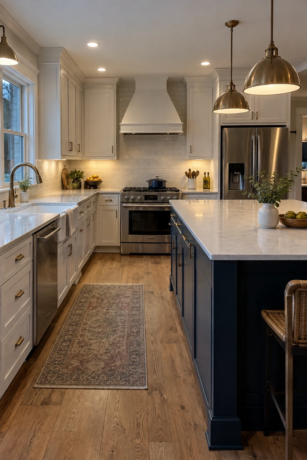 Wide working aisle for two cooks in an L-shaped kitchen with island