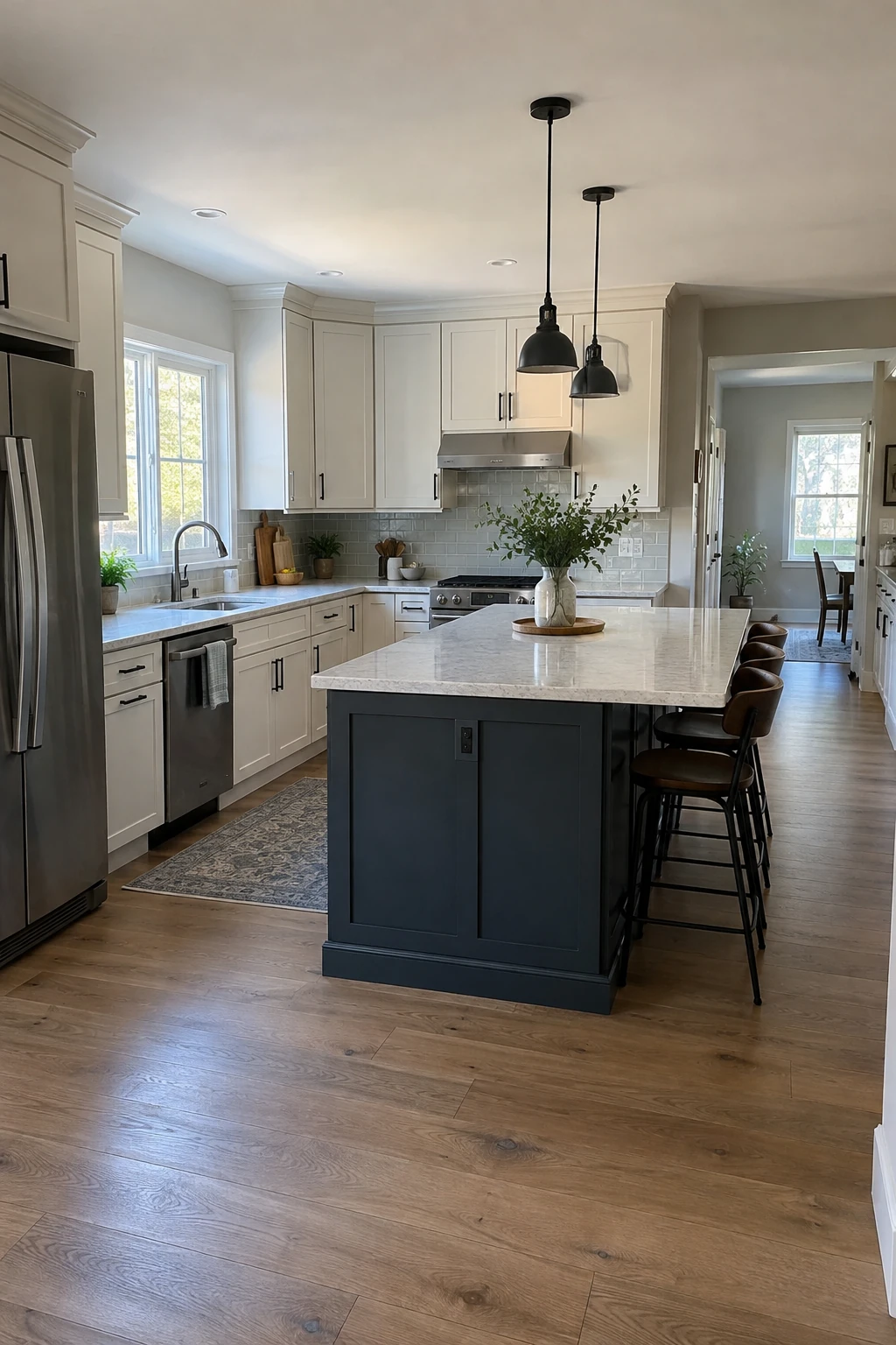 Family traffic lane behind island seating in an L-shaped kitchen