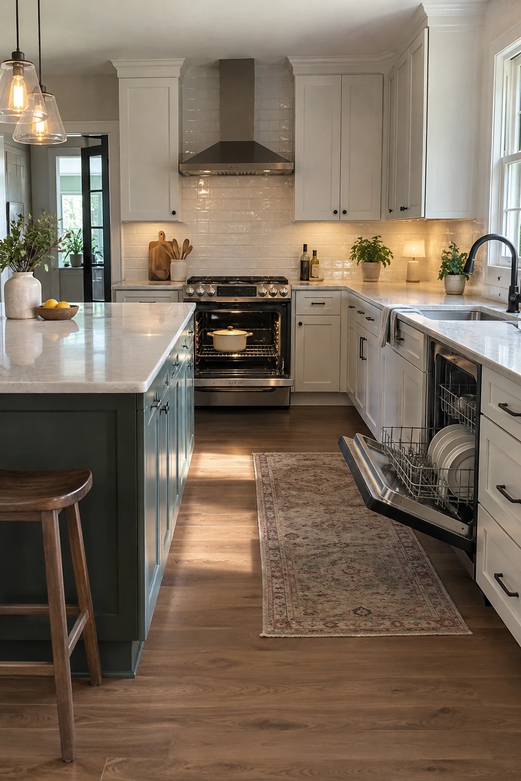 L-shaped kitchen island positioned clear of open oven and dishwasher doors