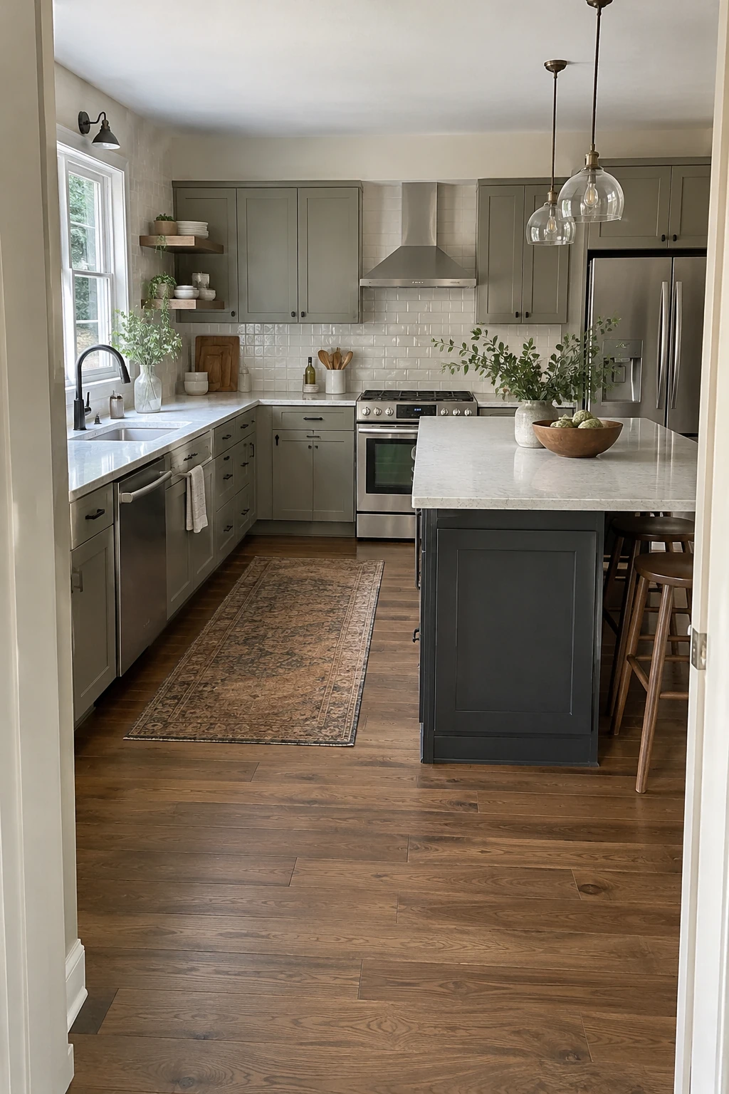 Island end set back from the entry to an L-shaped kitchen
