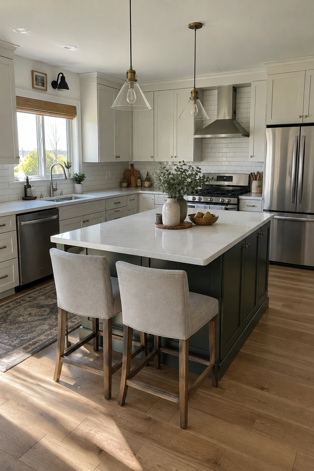 Two stools at the short end of an island in an L-shaped kitchen