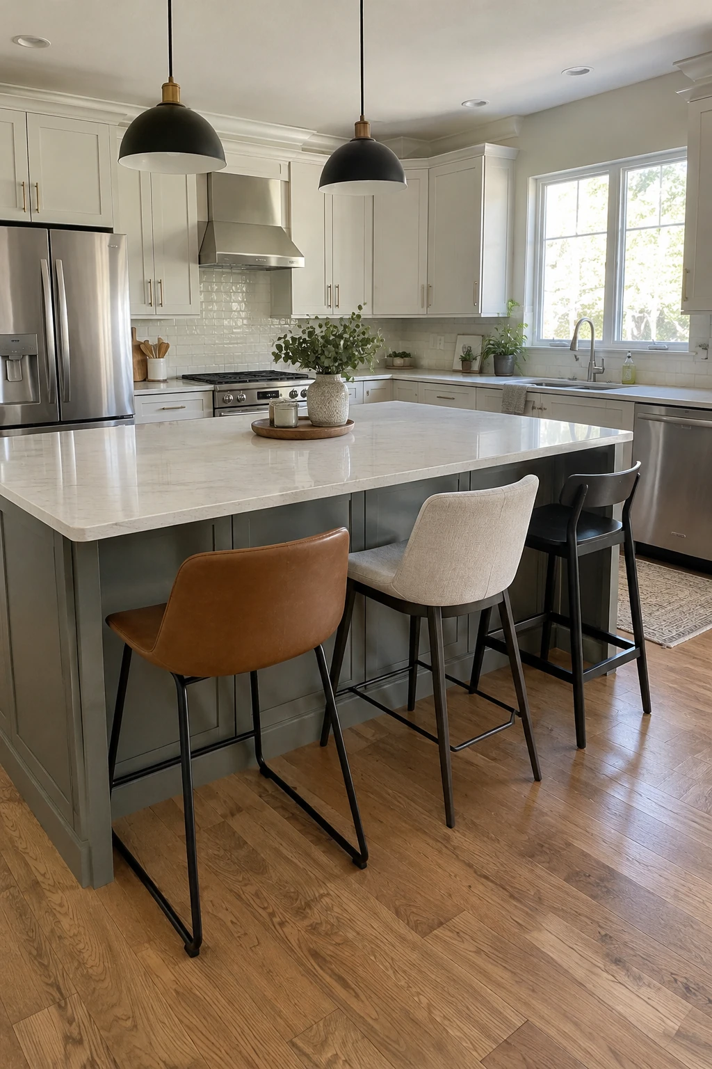 Three evenly spaced stools along an L-shaped kitchen island