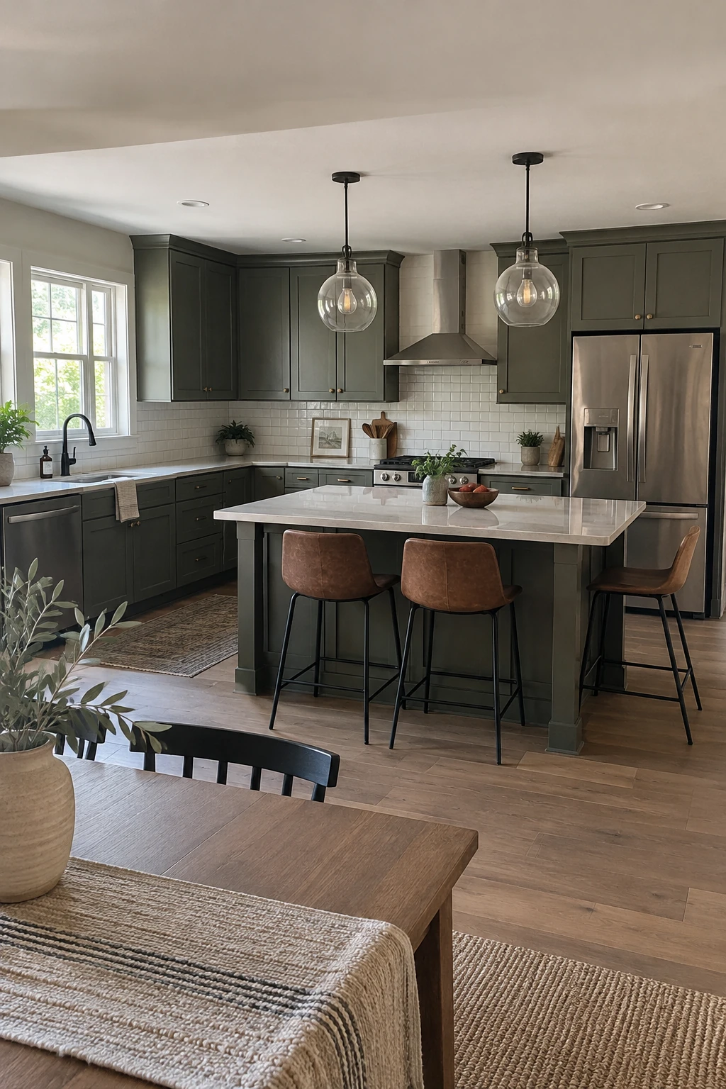 Corner island seating that lets diners face each other in an L-shaped kitchen