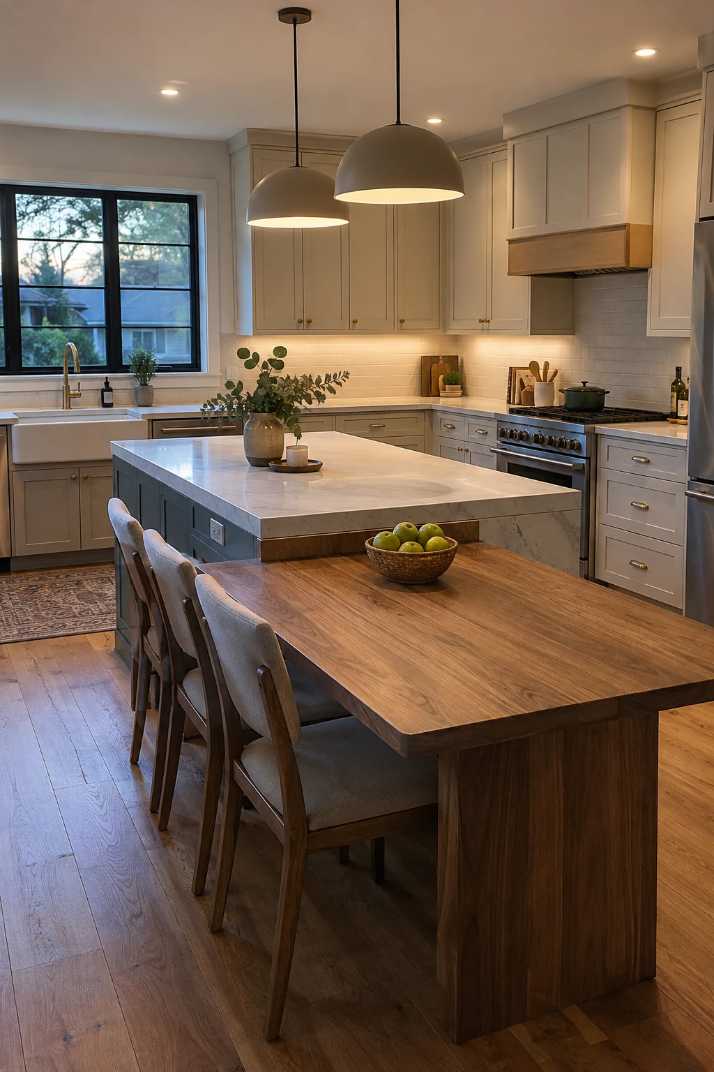 Lower wood table attached to an island in an L-shaped kitchen