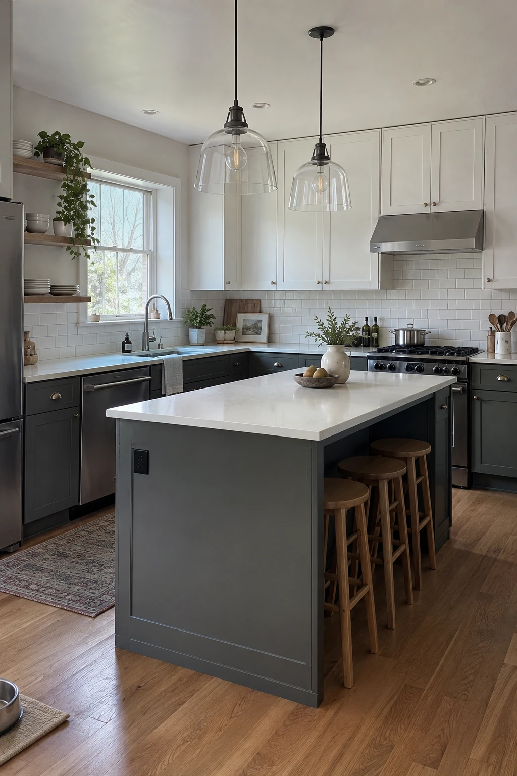Backless stools fully tucked beneath an L-shaped kitchen island overhang