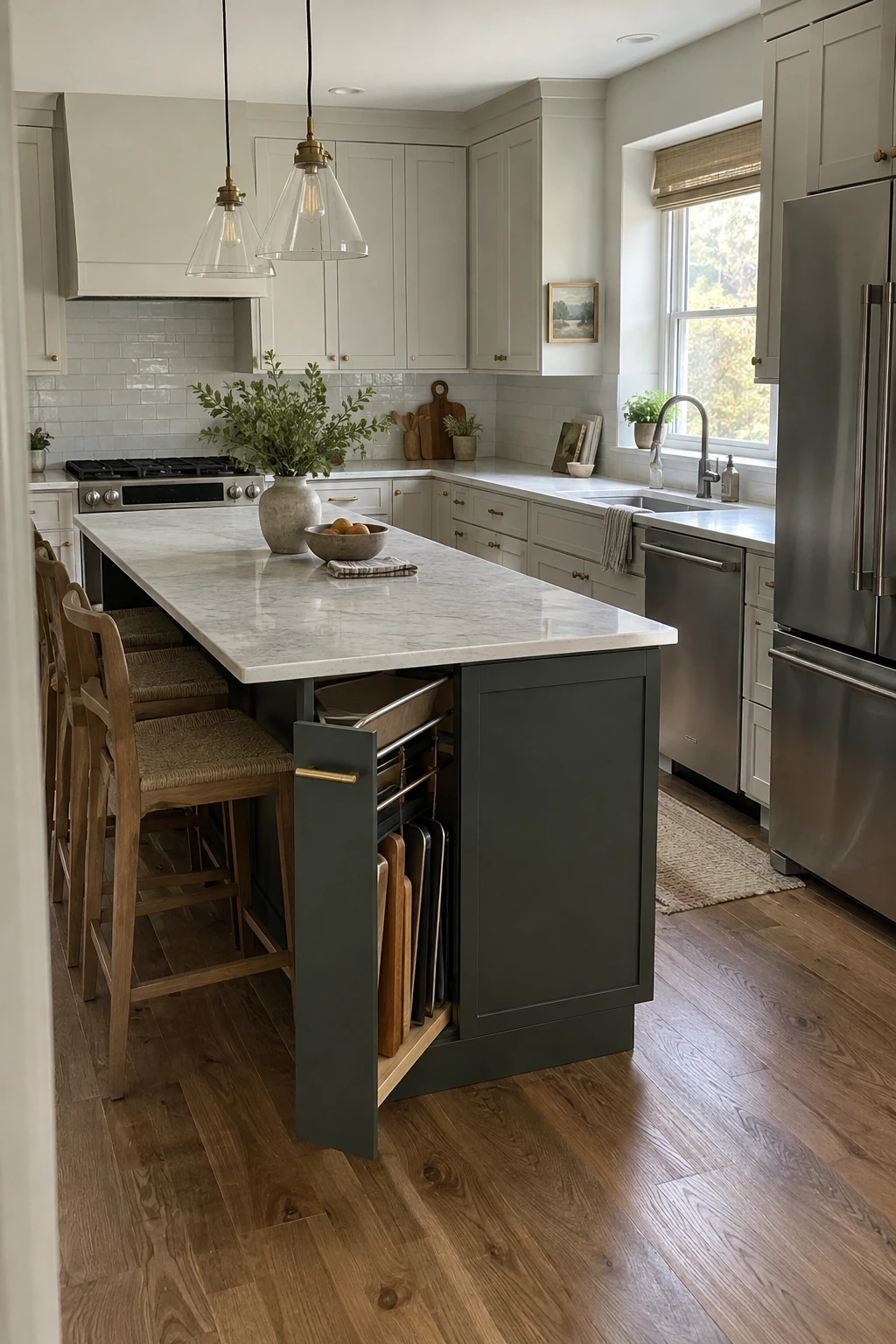 Shallow end cabinet holding trays on a kitchen island