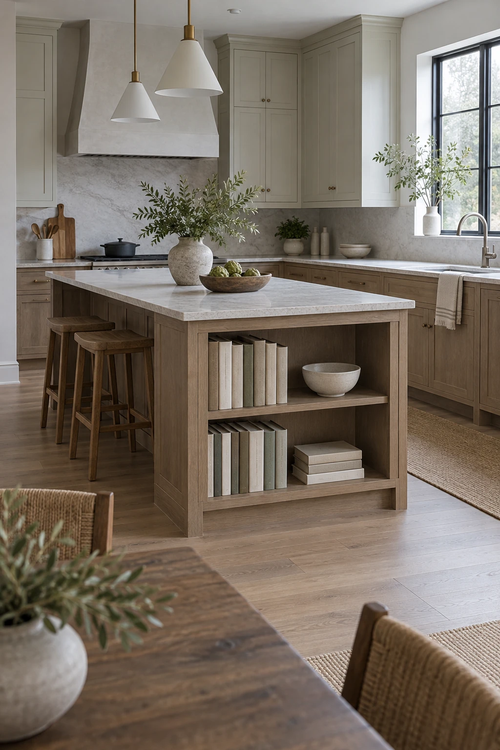 Cookbook shelves built into the living-room end of a kitchen island