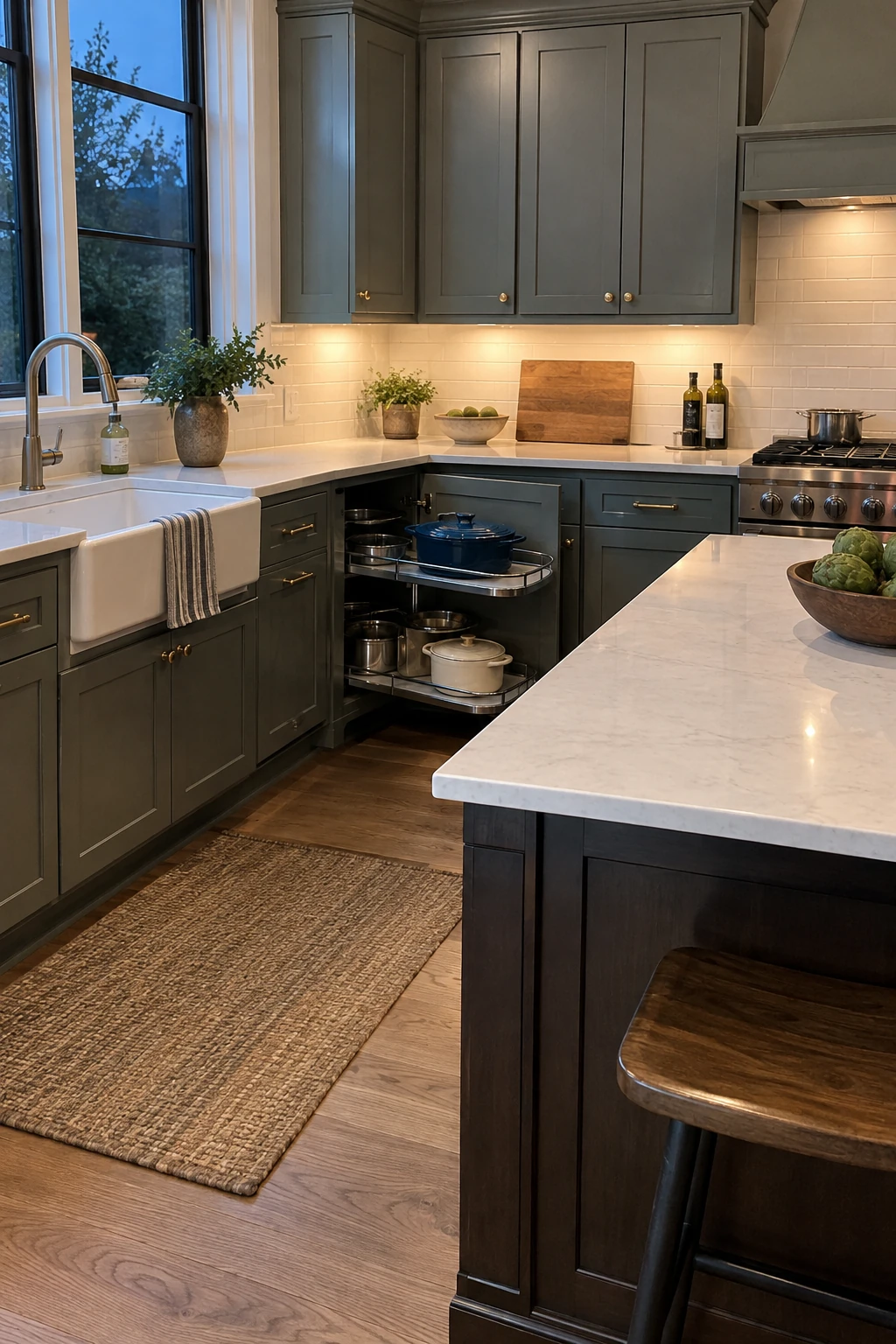 Blind-corner pullout extended from an L-shaped kitchen cabinet