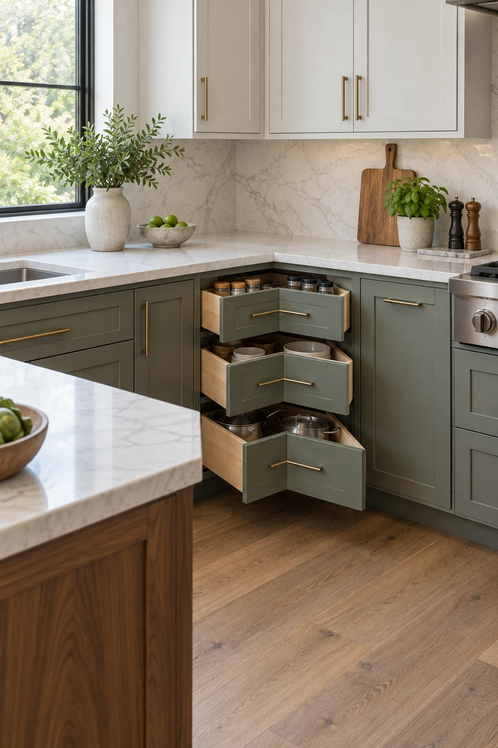 Diagonal corner drawer bank in an L-shaped kitchen