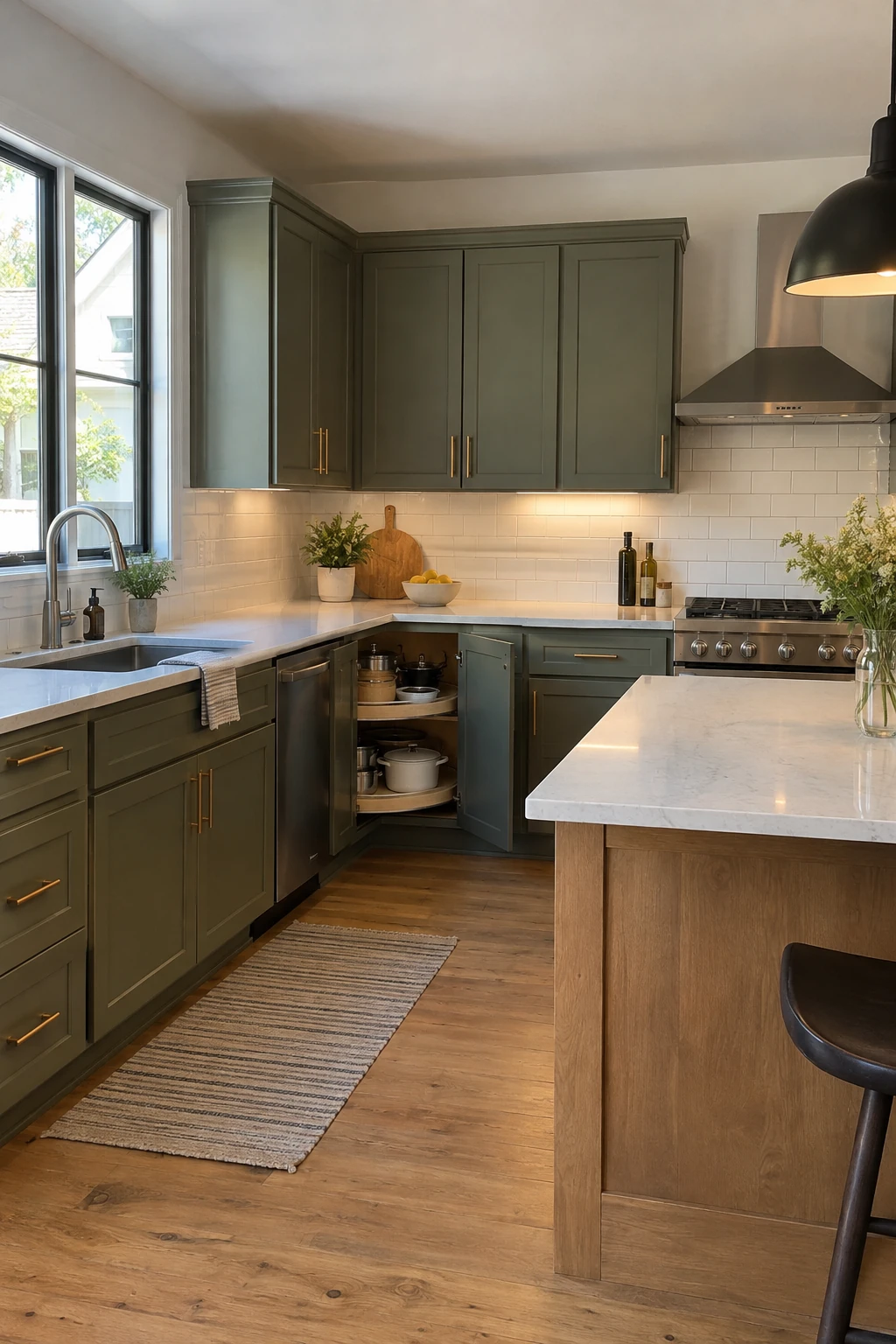 Full-round Lazy Susan inside the corner of an L-shaped kitchen