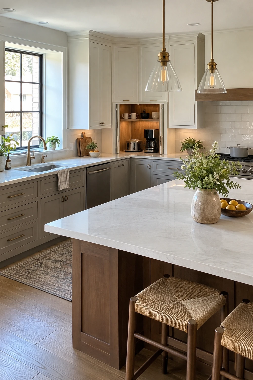 Corner appliance garage in an L-shaped kitchen with pocket doors