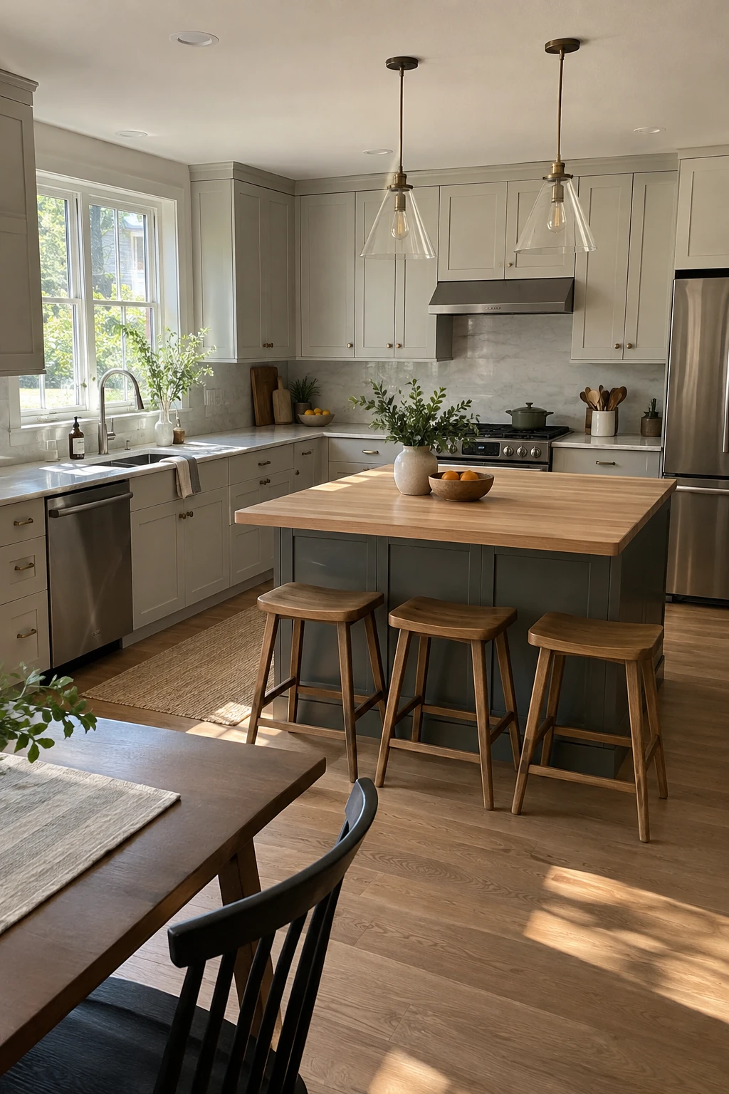 Wood-topped island with stone perimeter counters in an L-shaped kitchen