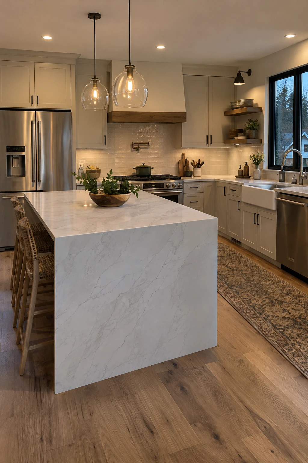 Single waterfall edge on the public end of an L-shaped kitchen island