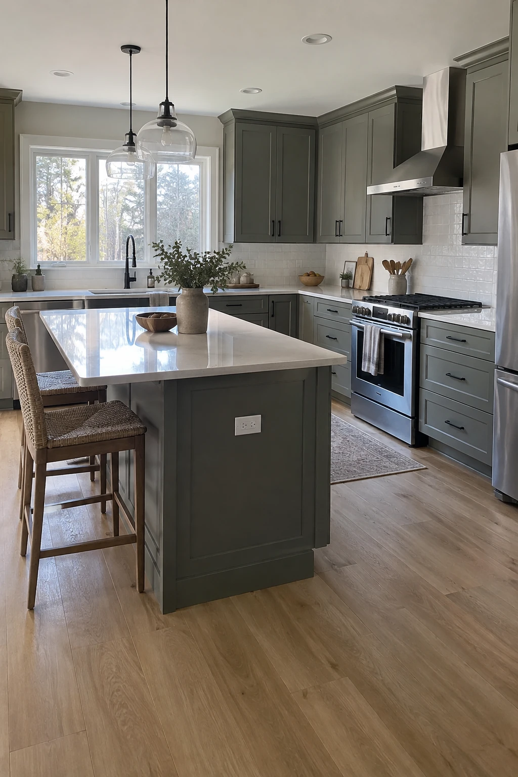 Continuous wood-look flooring beneath an island in an L-shaped kitchen