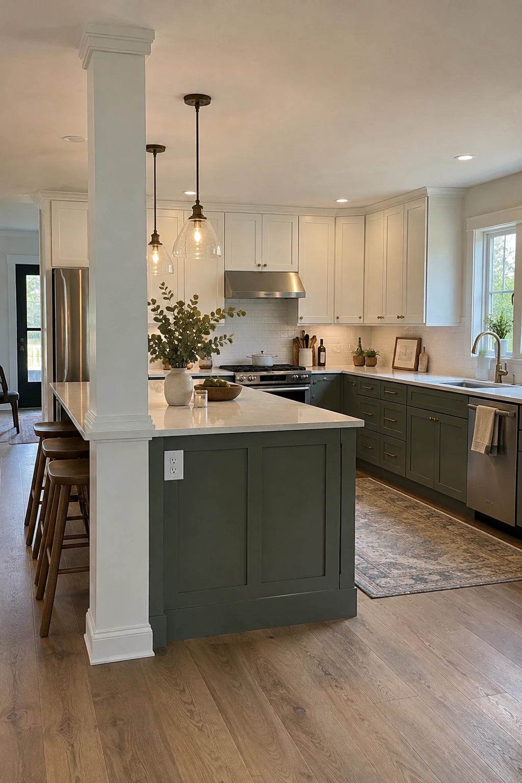 Structural post neatly incorporated into an L-shaped kitchen island