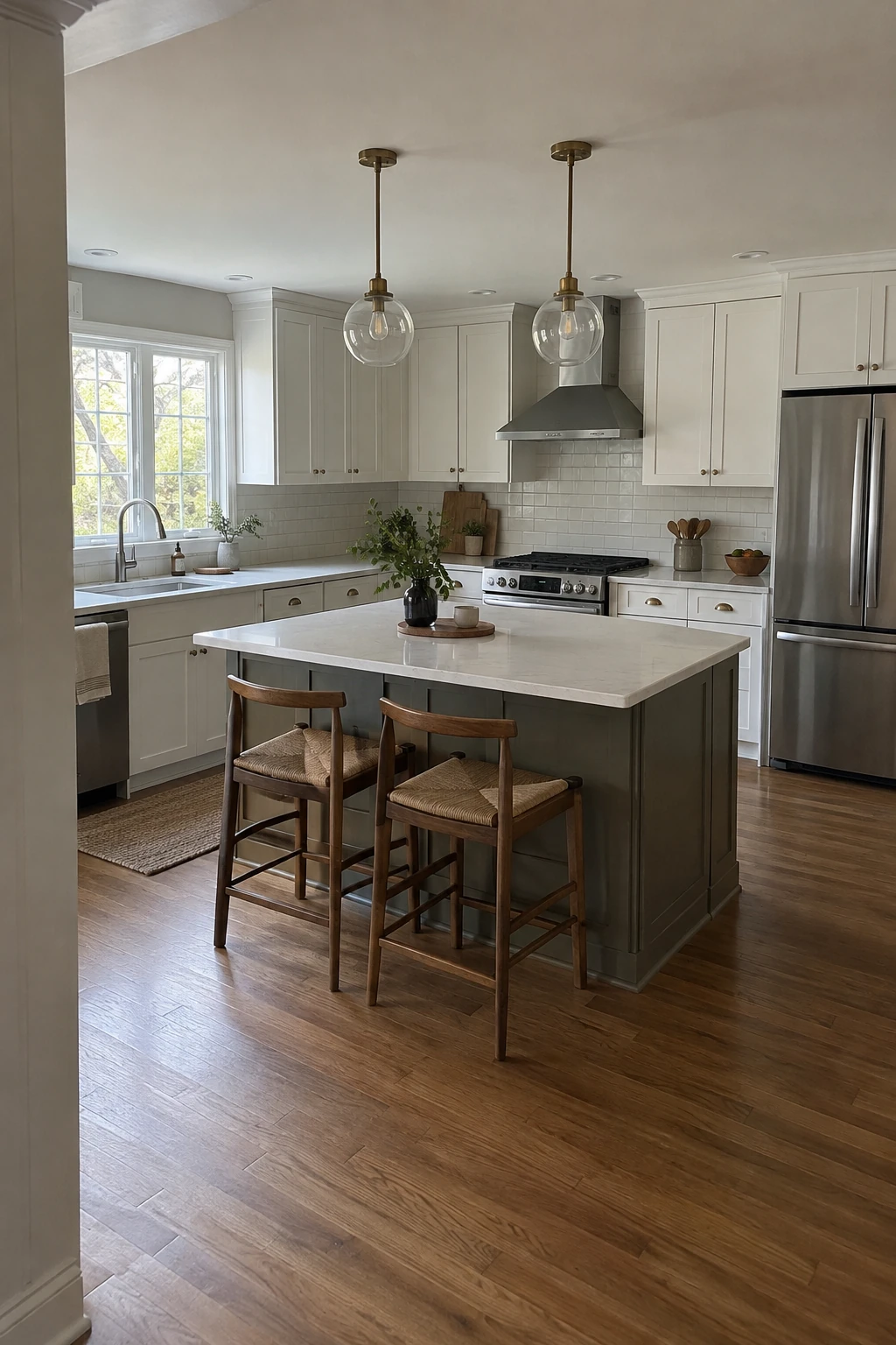 Two pendants centered on an offset island in an L-shaped kitchen