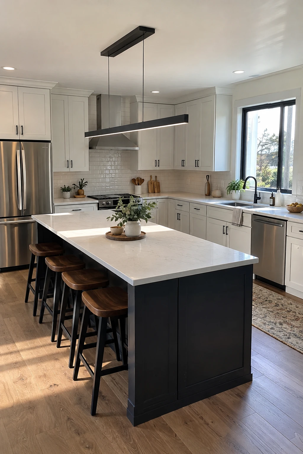 Single linear pendant above a long narrow kitchen island